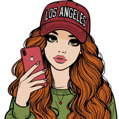 realistic beautiful girl wearing los ángeles cap holding an iphone