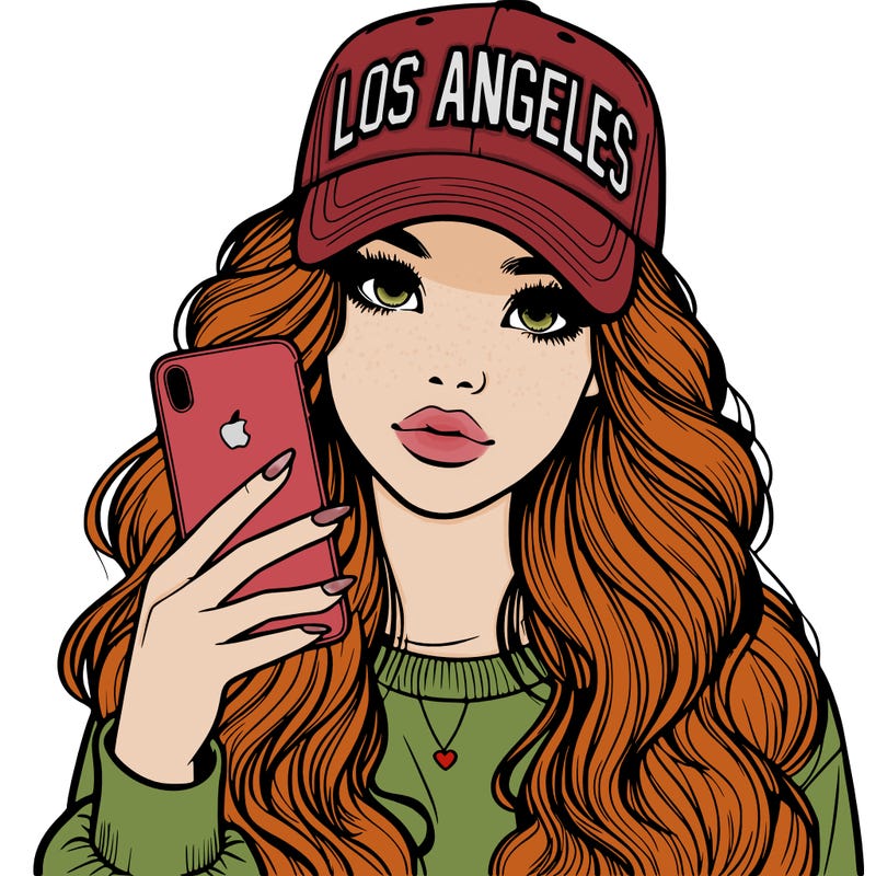 realistic beautiful girl wearing los ángeles cap holding an iphone