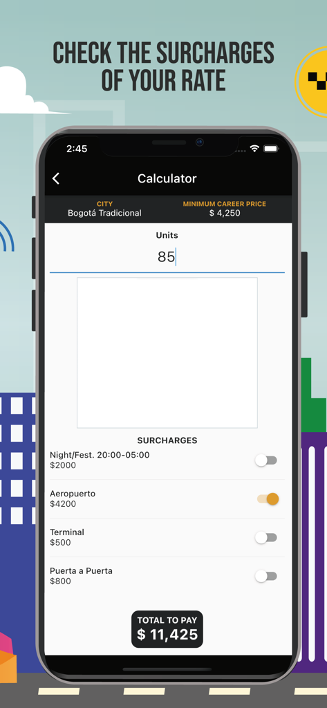 Pantalla de calculadora de tarifas de taxi en la aplicación Taxímetro GPS que muestra opciones de recargo y el precio total