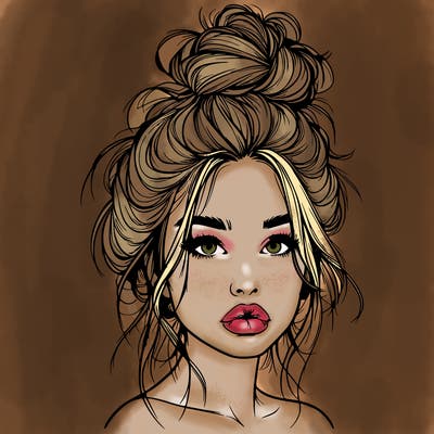 realistic girl with a messy bun and she has lips