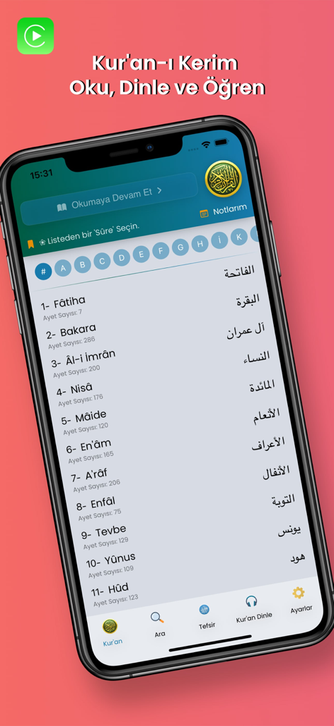 Mobile app interface of Kuran Dinle showing a list of Quran chapters in Turkish and Arabic