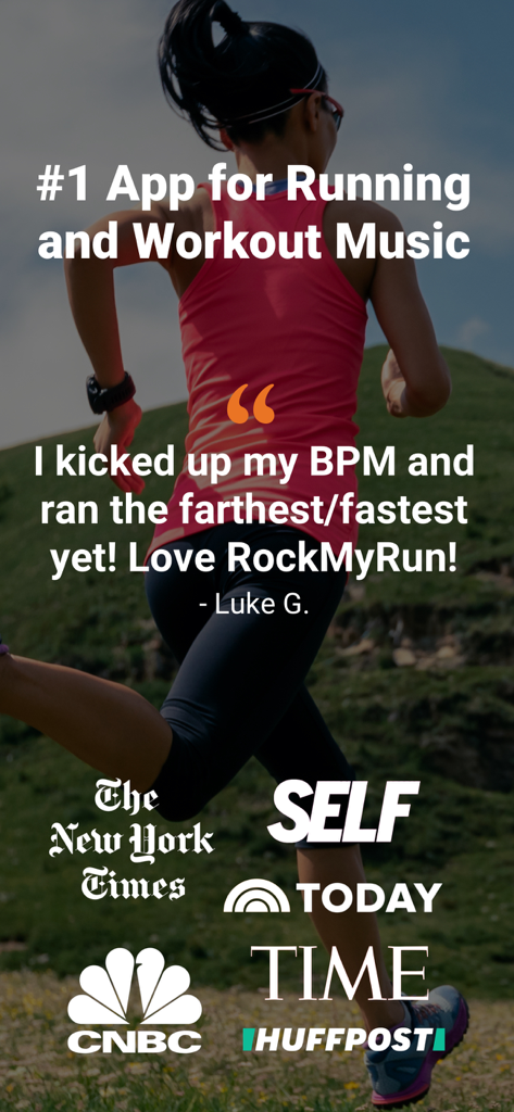RockMyRun - Workout Music - A woman running outdoors with a testimonial for RockMyRun app and media logos.