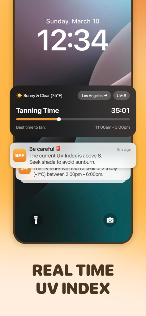 SPF: Tanning & UV Index App - iPhone lock screen displaying real-time UV index and tanning timer widget from the SPF app