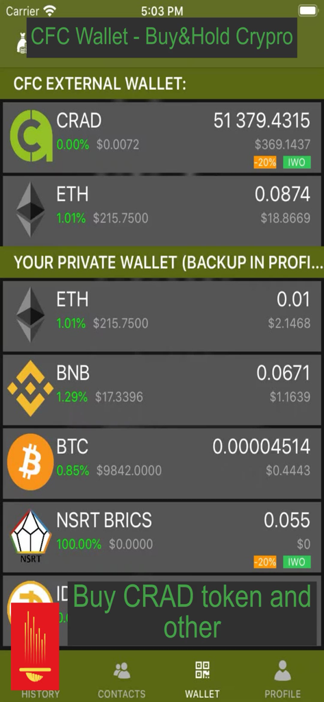 CFC Wallet-Buy&Hold&Earn CRAD - CFC Wallet mobile app interface showing cryptocurrency balances for CRAD ETH and BTC