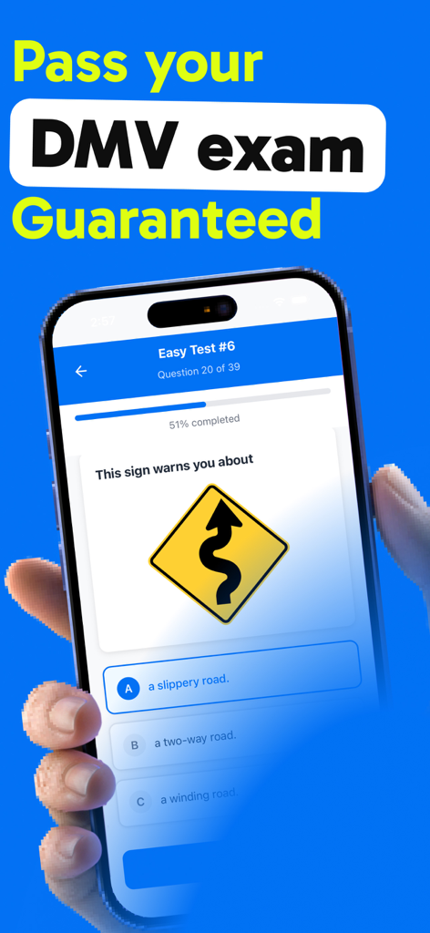 US DMV Test: Driving Practice - Mobile app screenshot showing a practice DMV road sign question with multiple choice answers