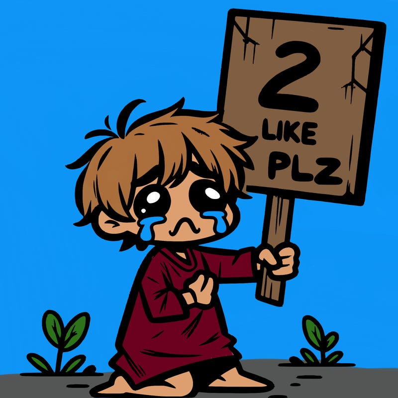 small poor toddler crying with sign that says 2 like plz