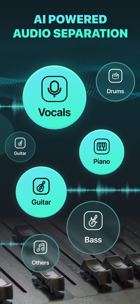 Interface gráfica do aplicativo Removedor de Voz mostrando faixas isoladas para vocais, bateria, piano, guitarra e baixo usando tecnologia de IA.