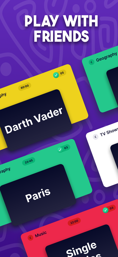 Charades: Family Games Night - Una pantalla de juego móvil que muestra coloridas cartas de categorías de charadas para Geografía, Música y Programas de Televisión con palabras como Darth Vader y París.