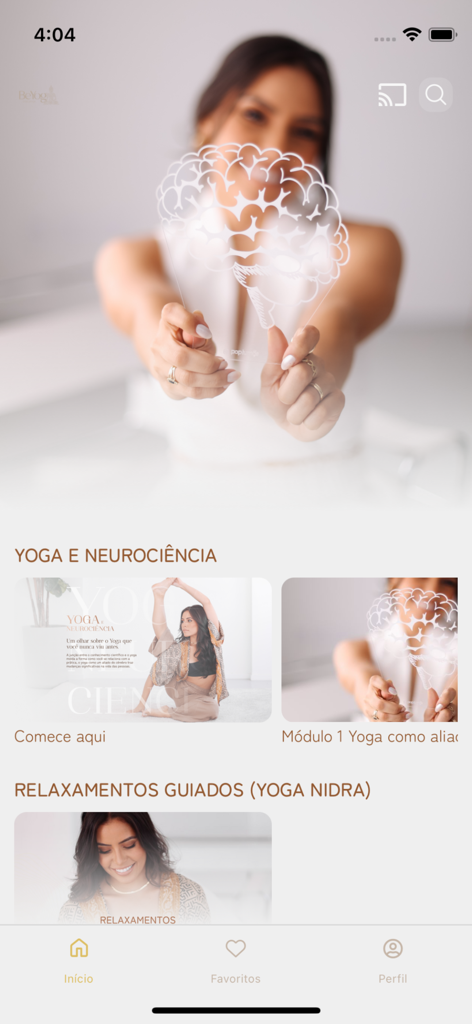 BEYOGA - Interfaz de la aplicación móvil BEYOGA que muestra cursos de yoga y neurociencia con un gráfico de cerebro.