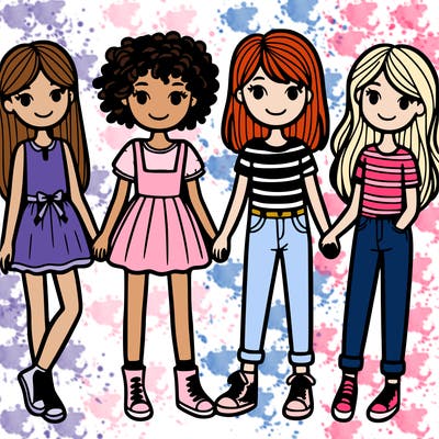4 friends girls, 2 with cruly hair and 2 with straight hair