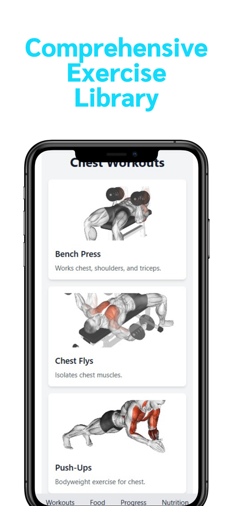 Weight Gain Workouts & Food - A mobile app screen displaying a comprehensive library of chest exercises including bench press, chest flys, and push-ups with muscle diagrams.