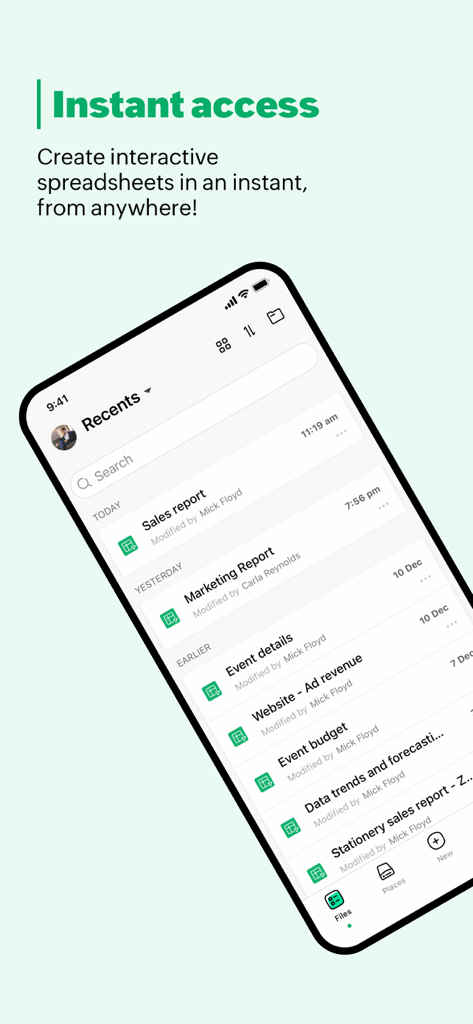Zoho Sheet: Spreadsheet App - Zoho Sheetモバイルアプリのインターフェース。売上レポートやマーケティングレポートを含む最近の表計算ファイルリストを表示しています。