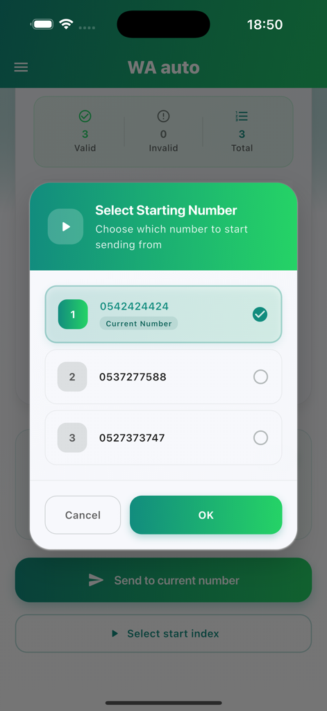 WA Auto - Écran de smartphone montrant l'interface de l'application WA Auto avec une fenêtre contextuelle pour choisir un numéro de téléphone de départ dans une liste de contacts