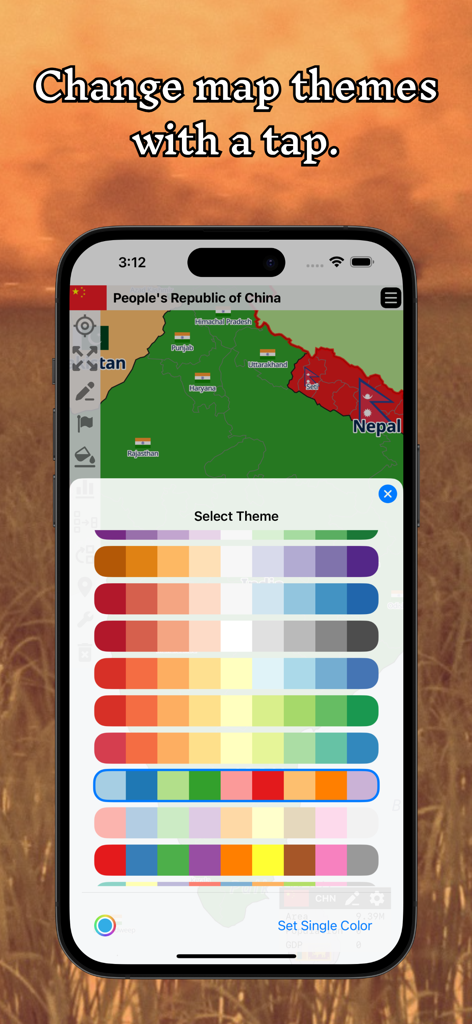 A mobile app interface showing a theme selection menu with various color palettes over a world map.