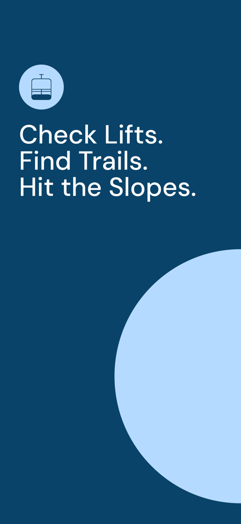 Skiro - Écran d'accueil de l'application Skiro avec une icône de télécabine et du texte sur la vérification des remontées, la recherche de pistes et le départ sur les pistes sur fond bleu.