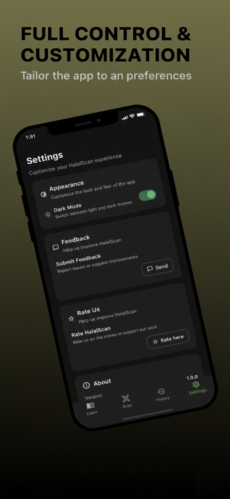 Settings screen of the Halal Finder app showing dark mode and customization options