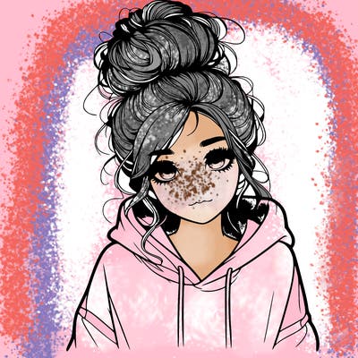 realistic girl with a massy bun and a hoodie