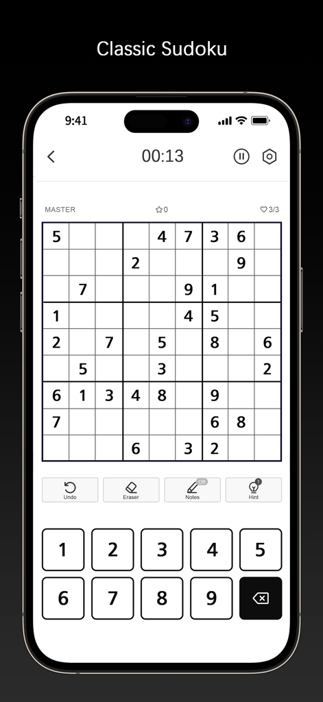 Sudoku Master！ - Classic Sudoku grid with minimalist design and clear logic puzzle interface.