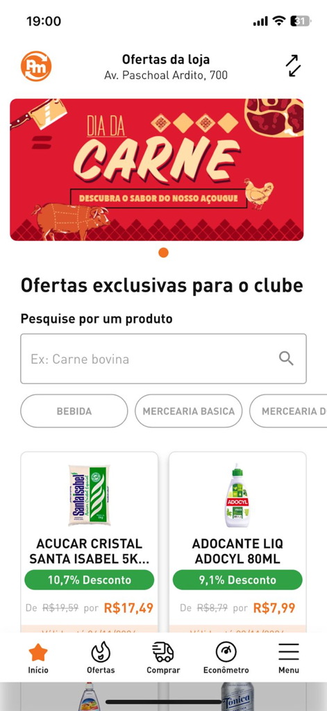 Supermercados Pague Menos - Interfaz de la app Supermercados Pague Menos que muestra ofertas exclusivas y categorías de comestibles