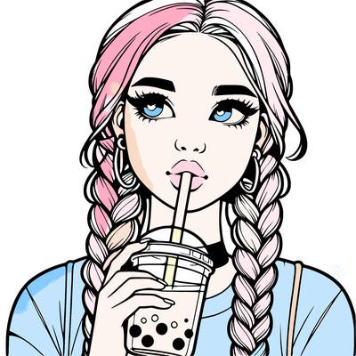 realistic girl with braided hair drinking boba
