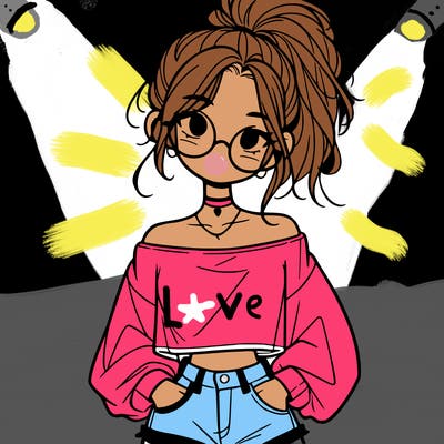 girl with a messy ponytail glasses a baggy crop top and jean shorts