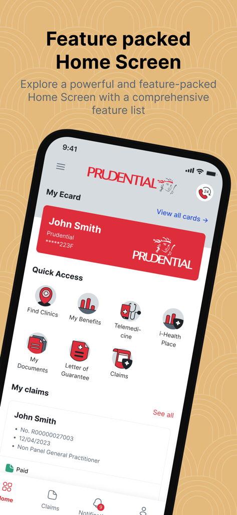 Tela inicial do aplicativo móvel PRU E-Benefits com cartão de seguro digital e recursos de saúde de acesso rápido