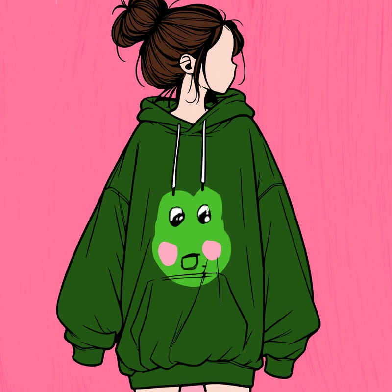 realistic girl with a oversized sweatshirt on and a bun
