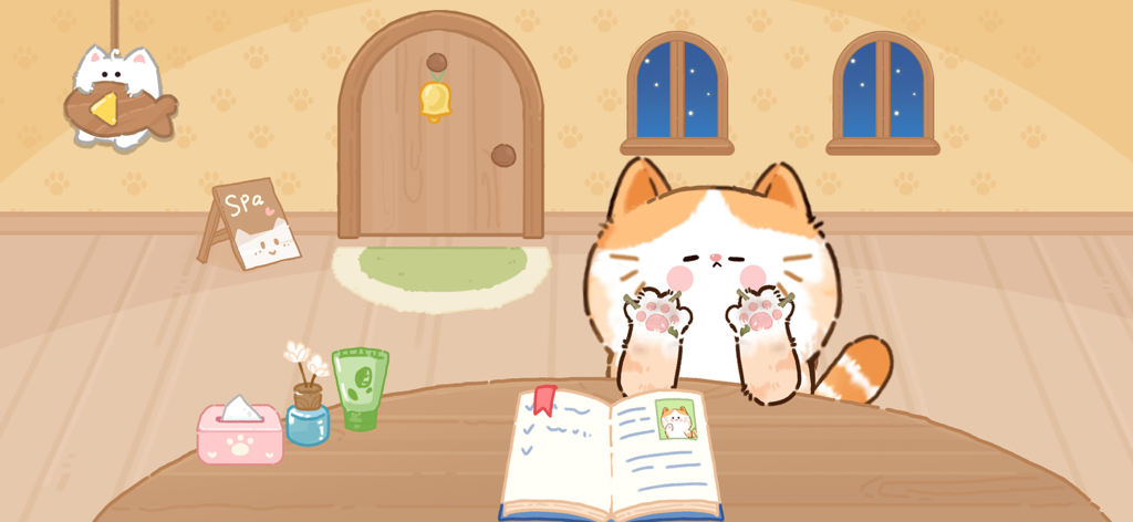 Purrrfect Spa - ASMR Cat Game - Um gato laranja e branco fofo mostrando suas patas sujas em um balcão de recepção de spa