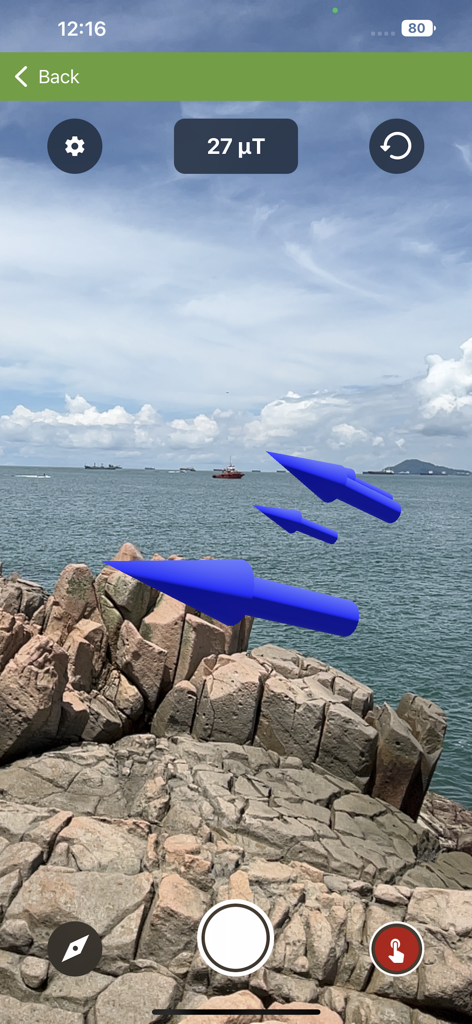 Physics Toolbox Sensor Suite - 海岸の風景の上に青い矢印として磁場ベクトルを表示する拡張現実（AR）インターフェース