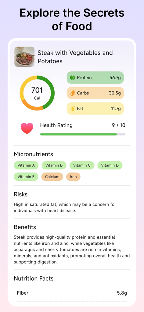 CalScan - AI Calorie Tracker - CalScanアプリに、カロリー、マクロ、微量栄養素を含む食事の栄養成分が表示されています