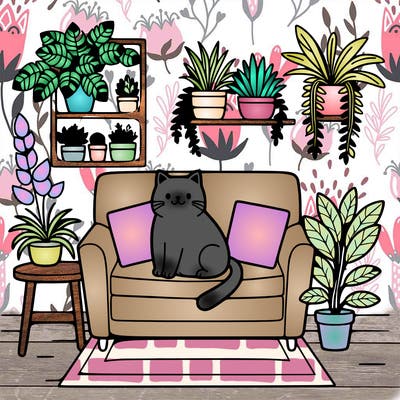 cat on a sofa in a room full of plants