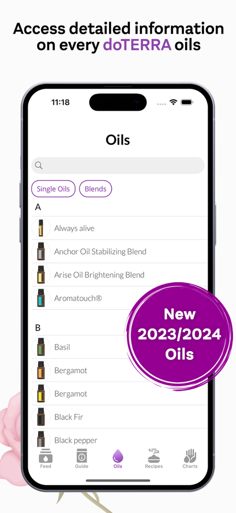 doTERRA Essential Oil Guide - Interface de l'application Essentl, guide des huiles essentielles doTERRA, montrant une liste catégorisée d'huiles simples et de mélanges.