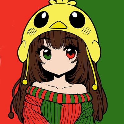 anime girl with chick shaped hat with sweater with bare shoulders with bangs covering them one eye with low tail