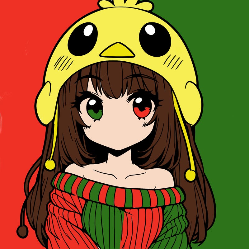 anime girl with chick shaped hat with sweater with bare shoulders with bangs covering them one eye with low tail