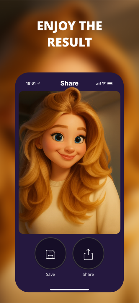 Una transformación de dibujo animado en 3D de alta calidad de una mujer rubia que se muestra en la interfaz de la aplicación Cartoonify Picture con opciones para guardar y compartir