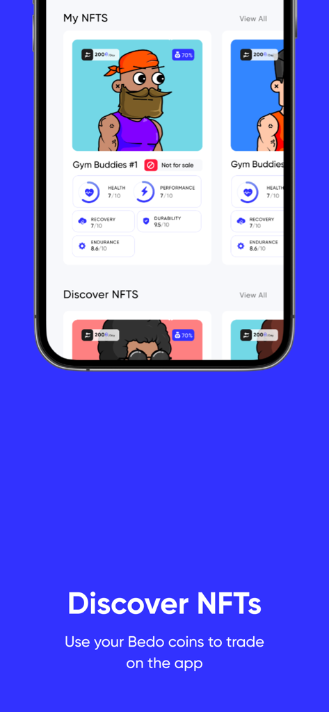 iTrainer app interface showing Gym Buddies NFT collection with performance stats and Bedo coin trading feature