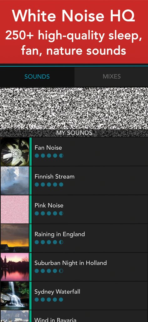 White Noise HQ: sound machine - White Noise HQ app showing a list of high quality nature and sleep sounds
