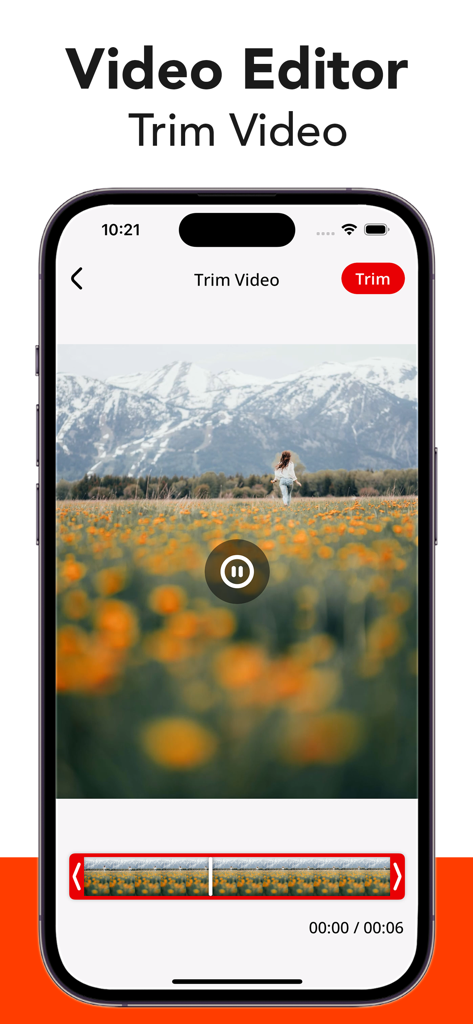 Video Saver - Video Downloader - Interface of the Video Saver app showing the trim video feature with a timeline editor on an iPhone.