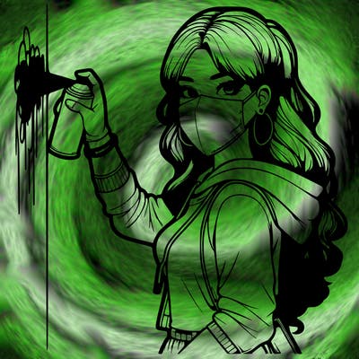 realistic girl with mask spray painting a wall