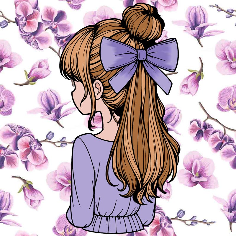 realistic girl  with hip length hair a bun and a big bow on the back of head