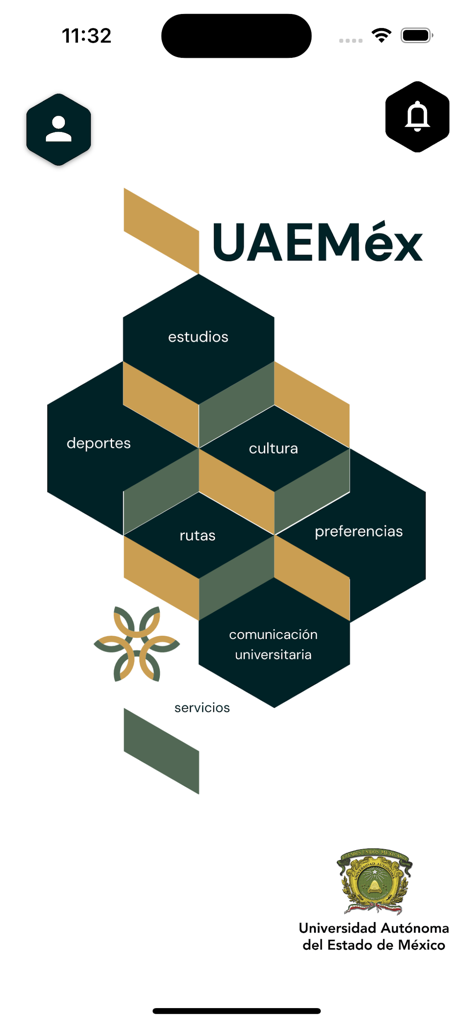 UAEMéx - UAEMex app home screen featuring a hexagonal navigation menu with university services