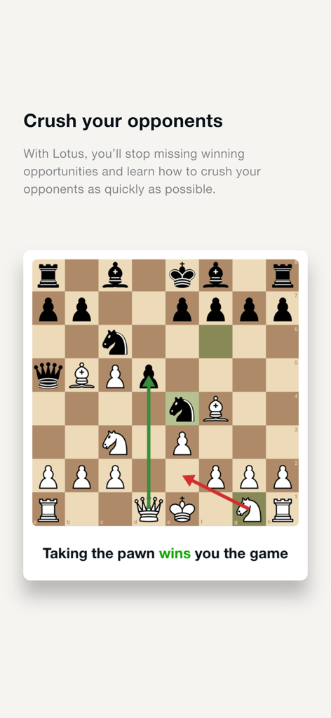 L'application Lotus Chess montrant une stratégie de coup gagnant sur un échiquier.