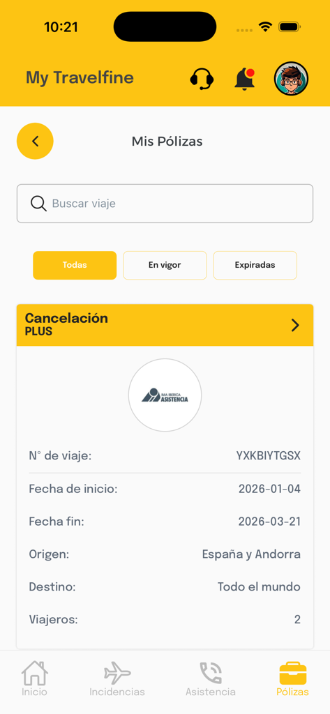 Travelfine - Travelfine app screen showing active travel insurance policy details including trip dates and destination