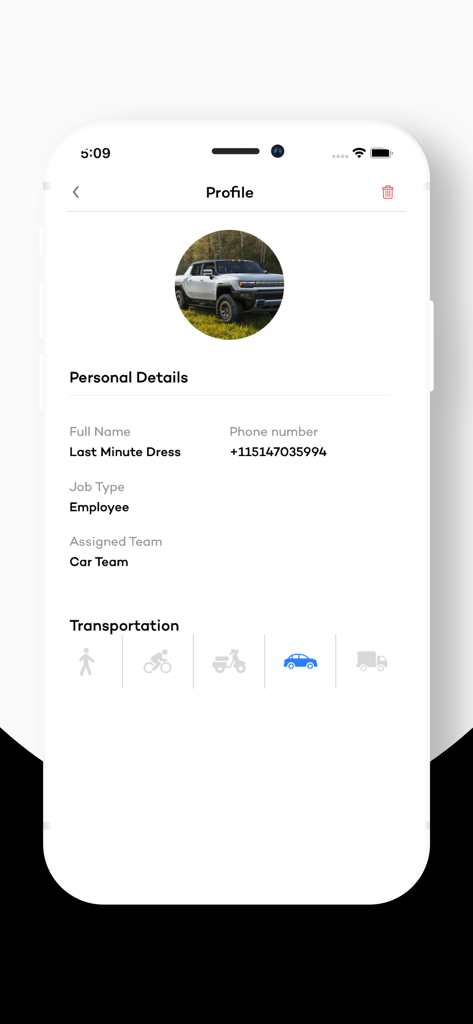 SXM2Go Driver - Profile screen of the SXM2Go Driver app showing personal details and vehicle type selection