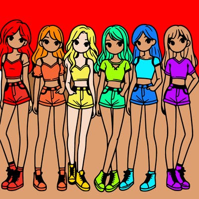 a group of girls wearing crop tops and shorts