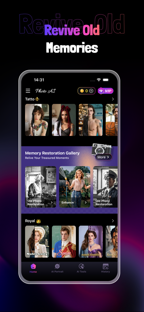 Photo AI Enhancer - Photo AI Enhancer App-Startbildschirm mit Erinnerungsrestaurierung und KI-Porträtfiltern