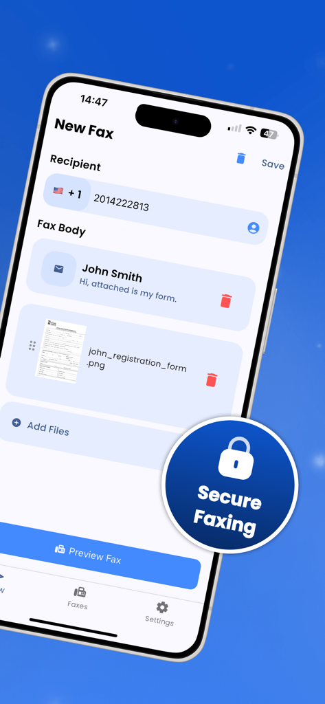 FaxFlow - Send Fax from iPhone - iPhone上のFaxFlowアプリインターフェース。安全なファックスバッジが付いた新しいファックス設定画面が表示されています