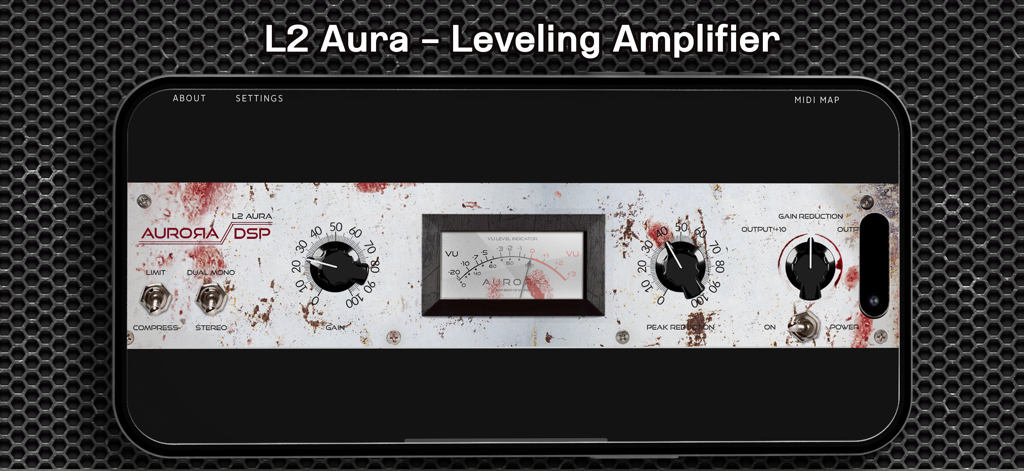 L2 Aura - Leveling Amplifier - Interface of L2 Aura Leveling Amplifier app with vintage knobs and VU meter
