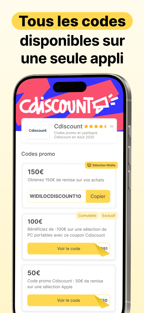 Widilo: Cashback & Codes Promo - Écran de smartphone montrant l'application Widilo avec divers codes de réduction pour Cdiscount