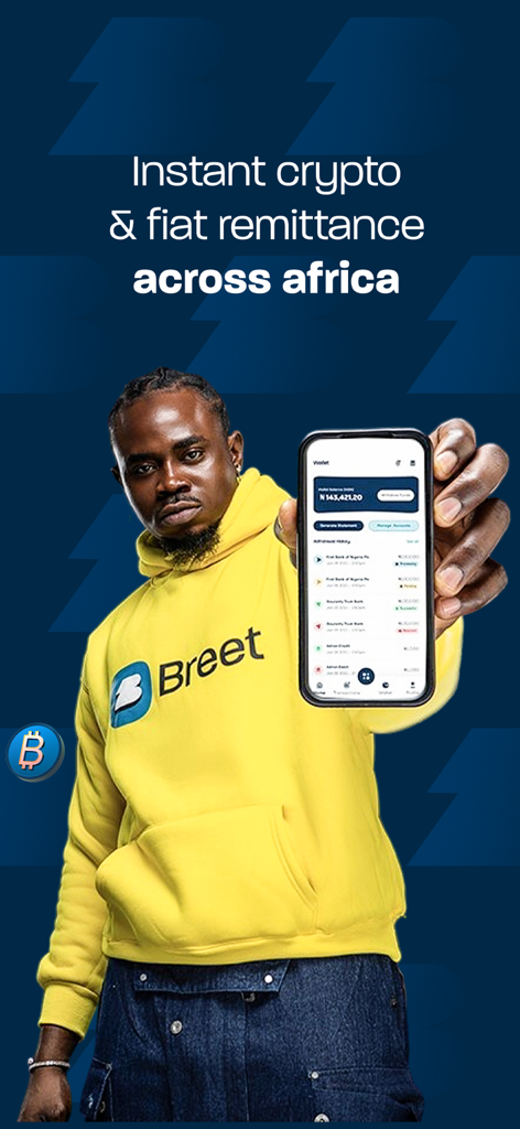 A man in a Breet hoodie holding a smartphone displaying the crypto wallet app for remittance across Africa